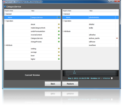 Compare model properties with an old revision