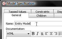 Input 'Entity Model' in model specification dialog box