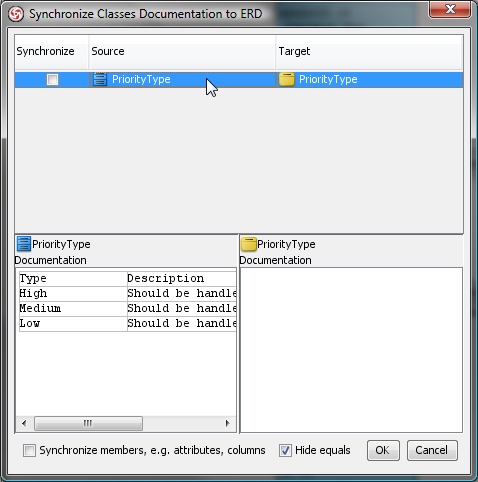 Synchronize class documentation dialog box