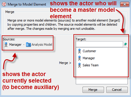 Merge to Model Element dialog box